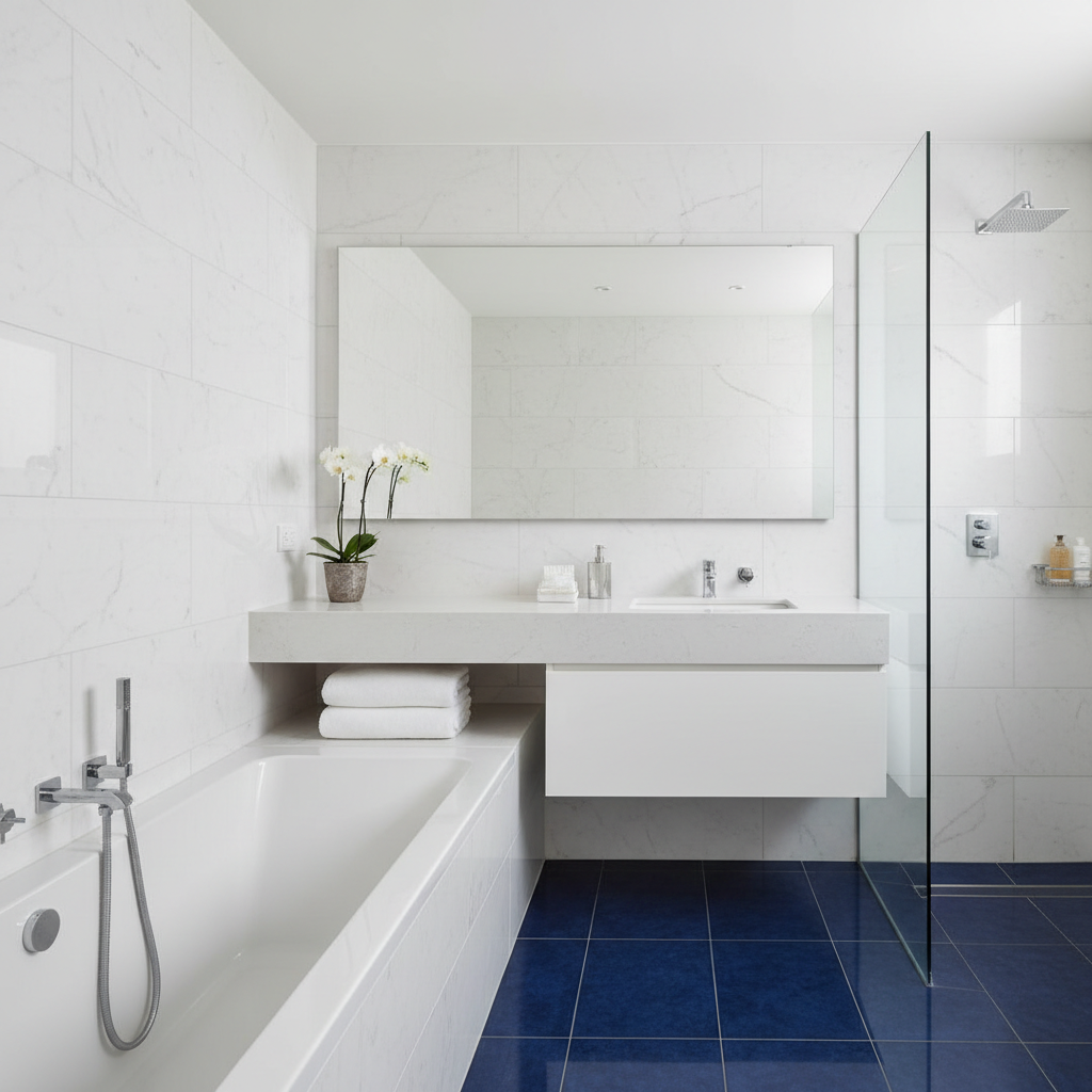 a pristine, organized bathroom with gleaming tiles and a clean mirror, no clutter