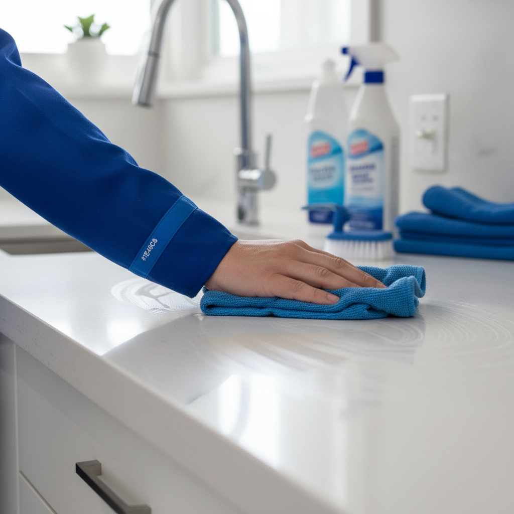 a cleaning professional diligently wiping down a kitchen counter, focused and thorough, no face visible