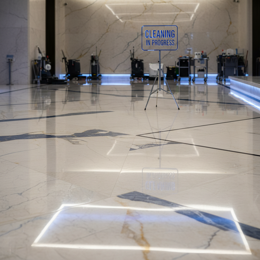 a close-up of a gleaming, polished marble floor in a new building, reflecting light, with a cleaning crew subtly visible