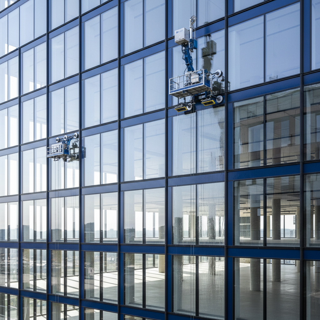 a professional cleaning crew using specialized tools to clean high windows in a newly constructed, contemporary office s