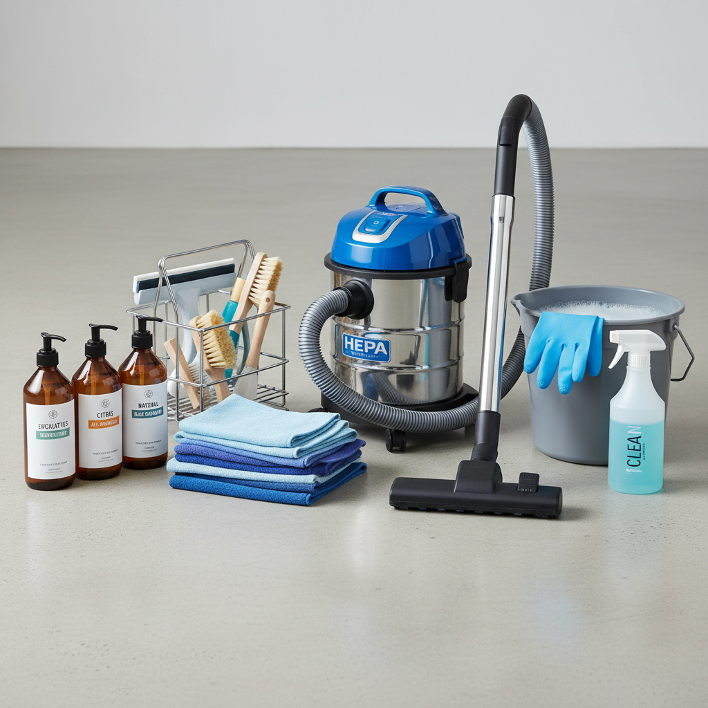 an array of professional cleaning tools, including a HEPA vacuum, microfiber cloths, and safe cleaning solutions, neatly