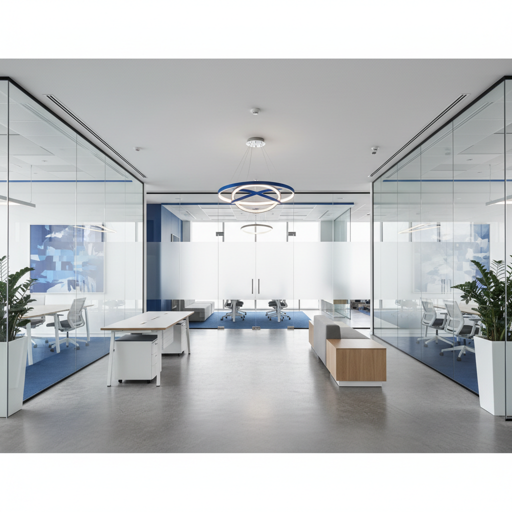 a sparkling, minimalist office environment with clean glass walls, modern furniture, and no dust. Represents a post-cons