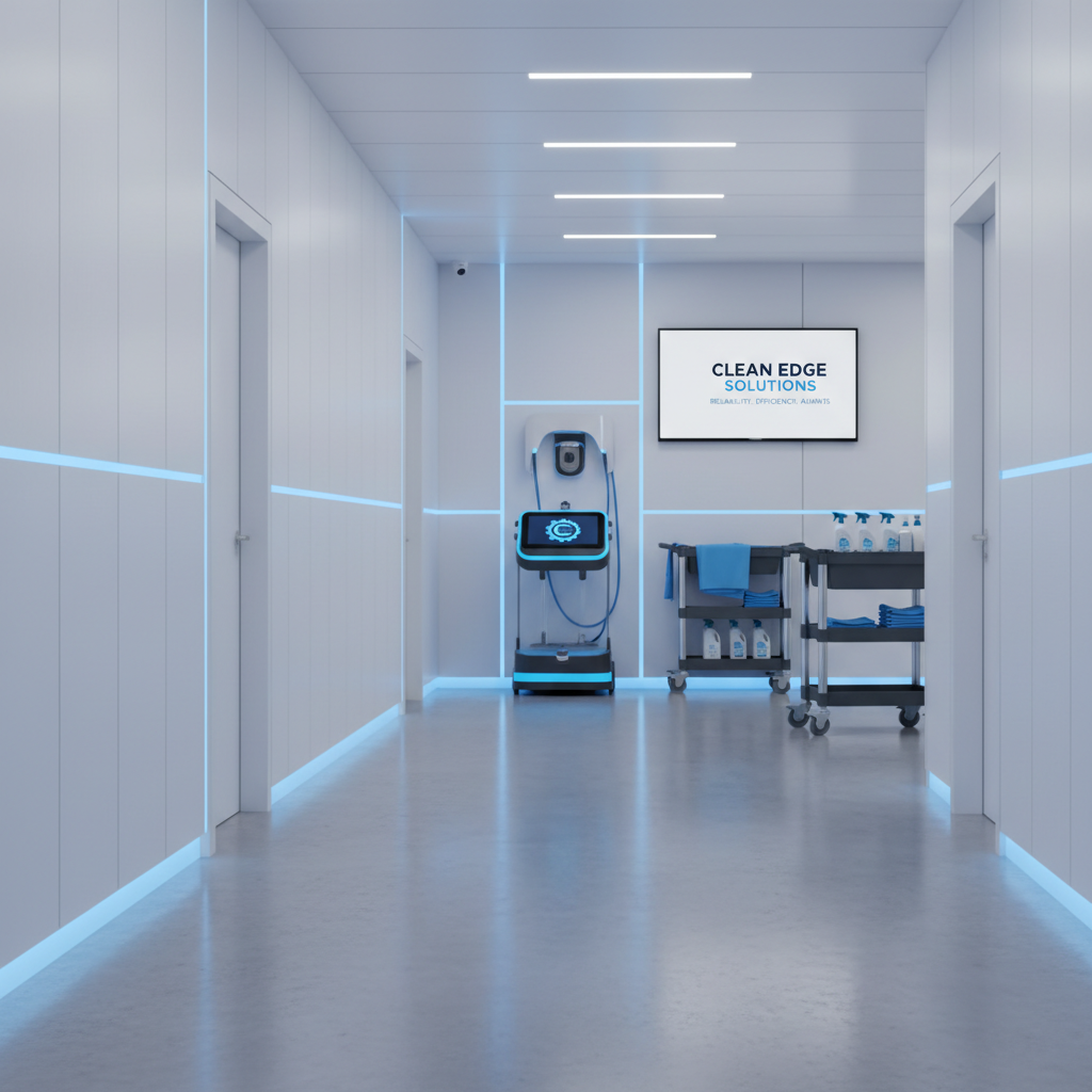 a smiling, professional cleaning team wearing company uniforms standing in a clean, modern hallway, representing reliabi