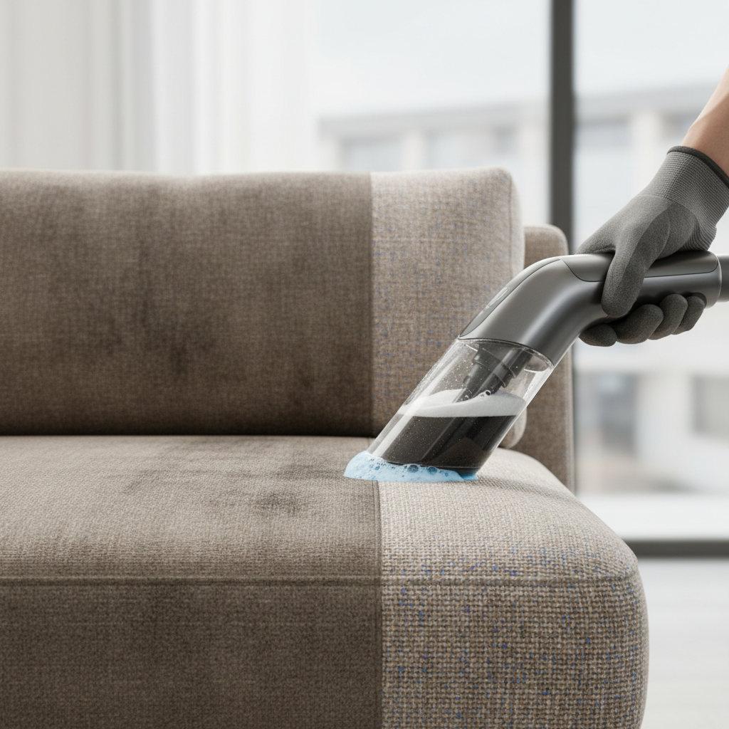 a hand using a specialized upholstery cleaning tool, creating a visible line between a dirty and clean section of fabric