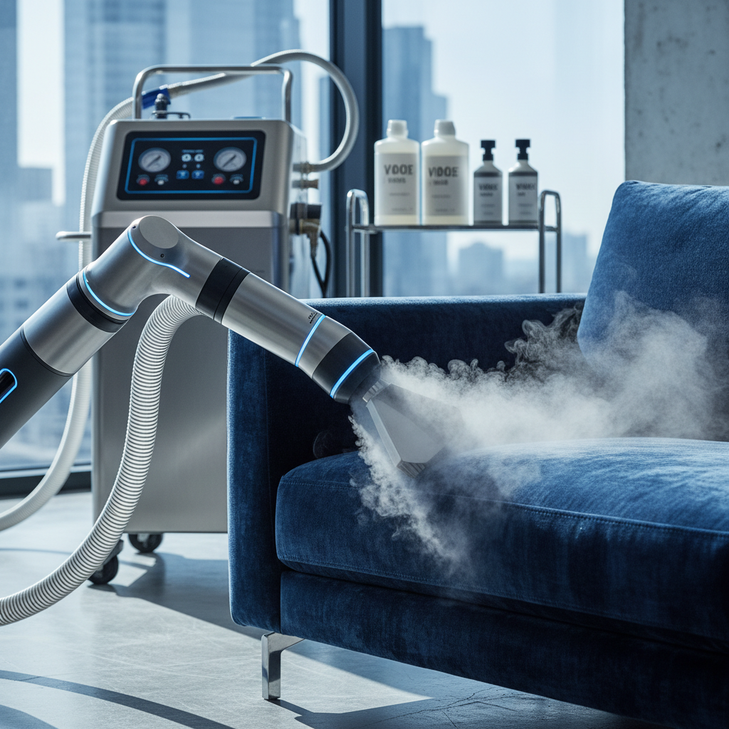 a skilled technician meticulously performing deep upholstery cleaning on a sofa with professional equipment, steam visib
