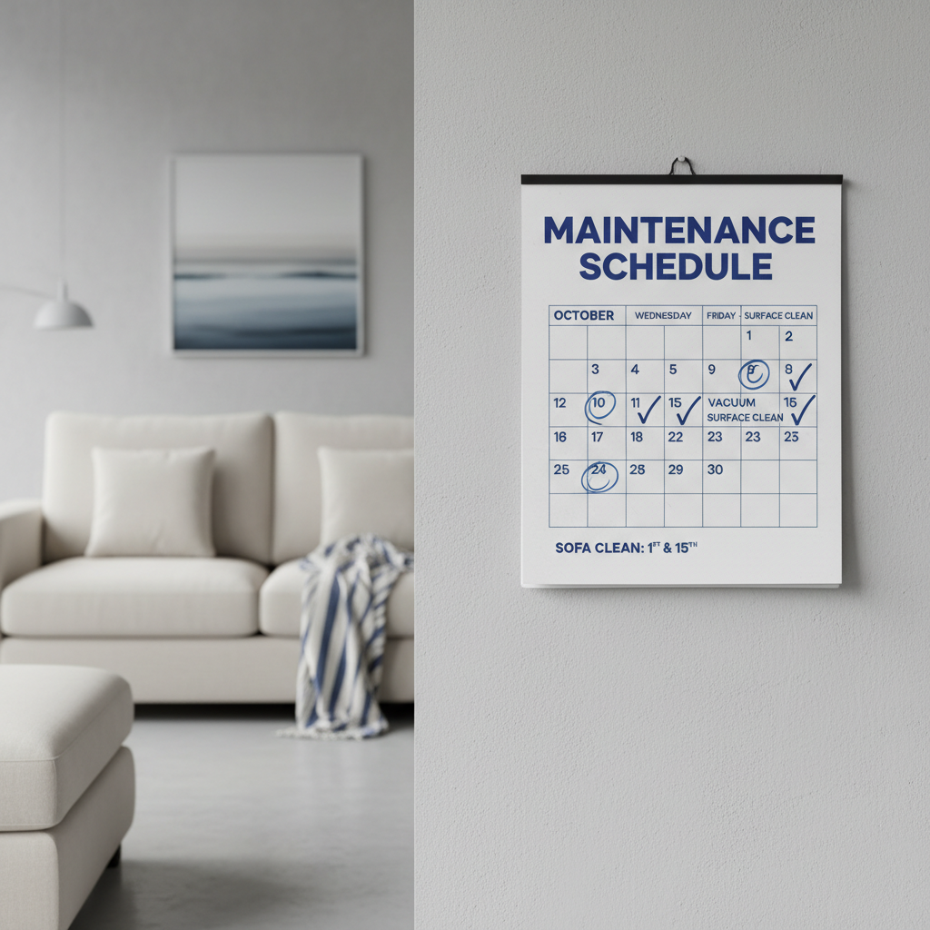 a calendar marking a recurring cleaning schedule, with a clean sofa in the background, symbolizing planned maintenance