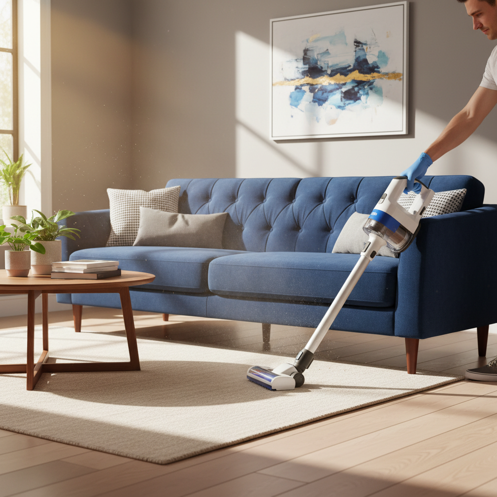 a person gently vacuuming a sofa, demonstrating routine care, with sunlight filtering into a tidy living room