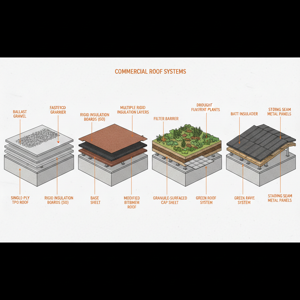 a detailed schematic of various commercial roof layers, showing insulation, waterproofing membranes, and structural comp - commercial roofing contractors Singapore