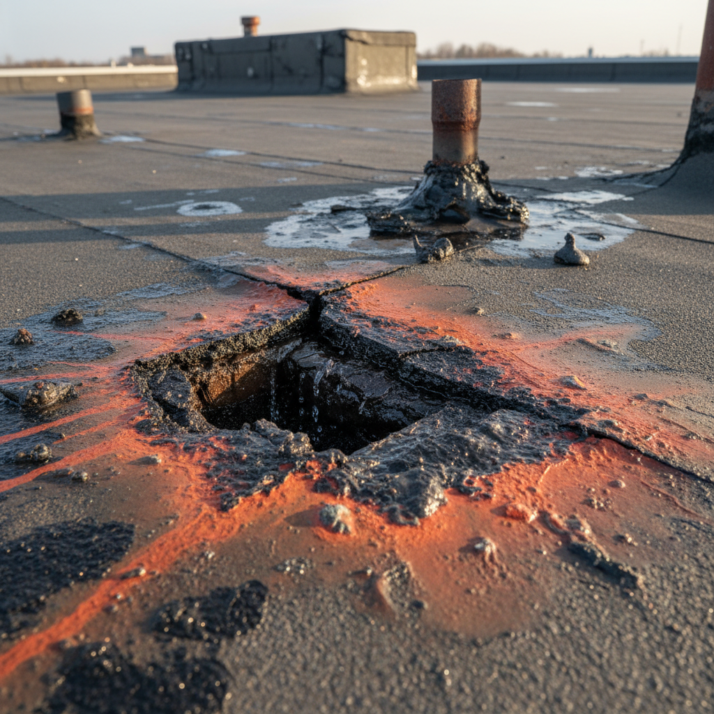 a high-definition close-up of a damaged commercial roof section, showing a prominent leak and water stains, emphasizing - commercial roofing contractors Singapore