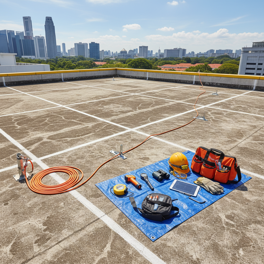 an overhead view of commercial roof being meticulously inspected by a technician wearing safety gear, showing tools and - commercial roofing contractors Singapore