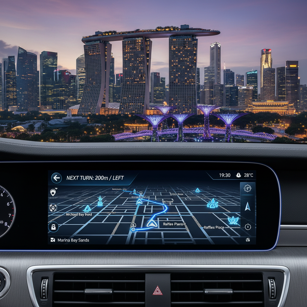a sleek, modern GPS navigation system display showing a route through downtown Singapore, with Singapore's iconic skylin - private city tour Singapore