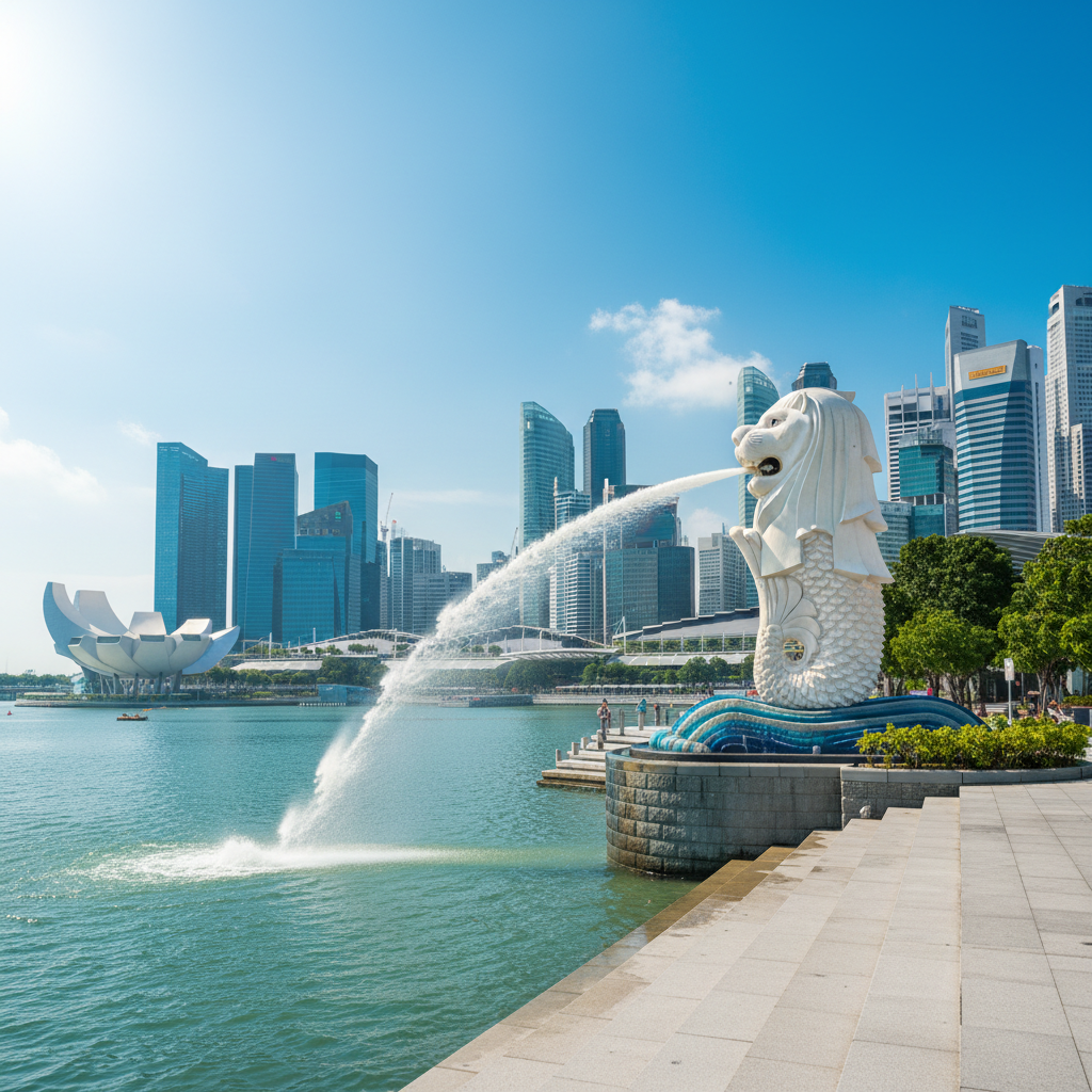 the iconic Singapore Merlion statue spouting water with the city skyline in the background, on a bright sunny day, focus - private city tour Singapore