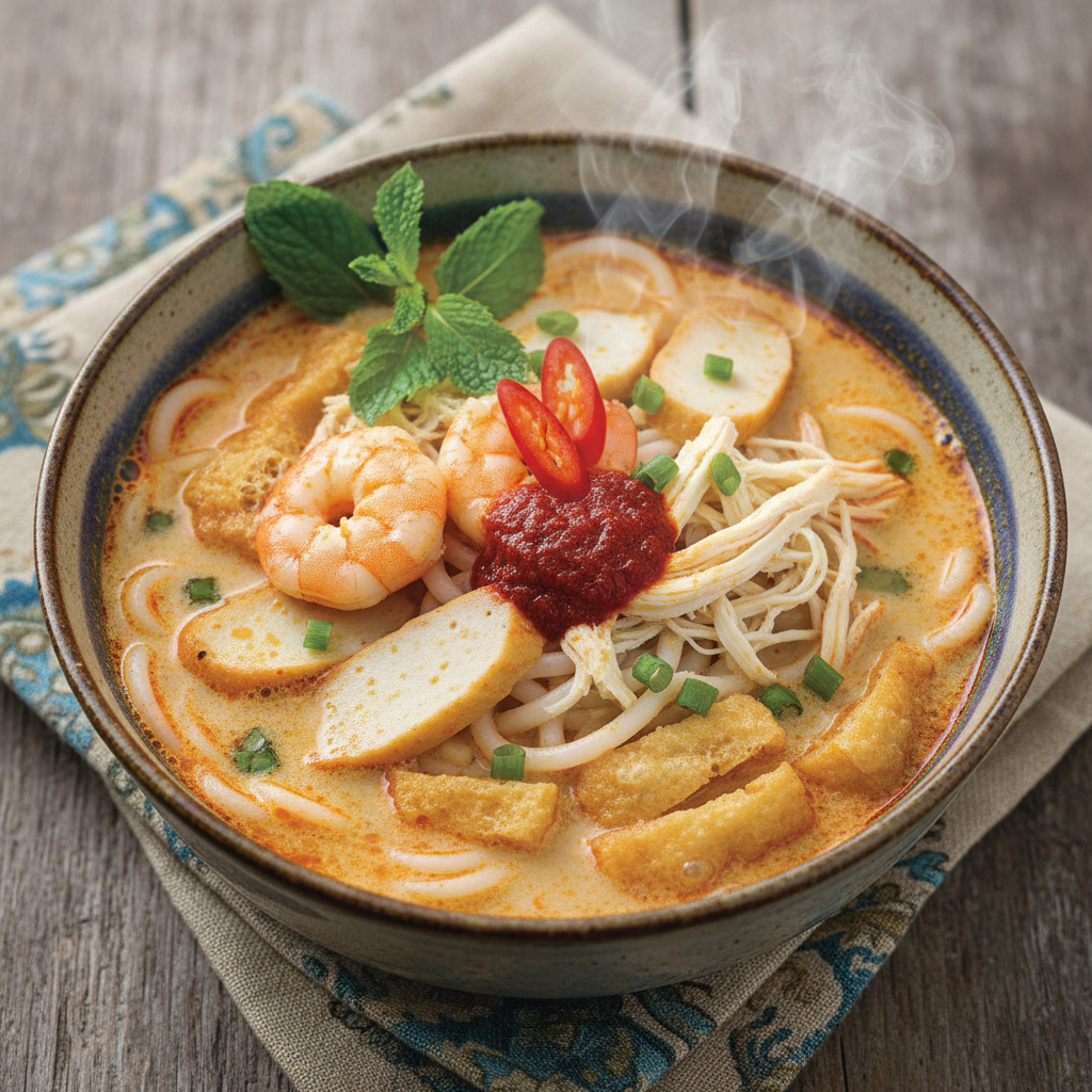 a close-up overhead shot of a steaming bowl of Laksa, with vibrant colors and rich textures, characteristic of Singapore - Best Hawker Centres in Singapore