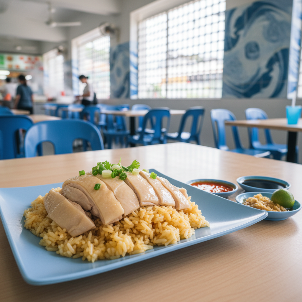 a plate of perfectly prepared Hainanese chicken rice with glistening chicken, fragrant rice, and a trio of dipping sauce - Best Hawker Centres in Singapore