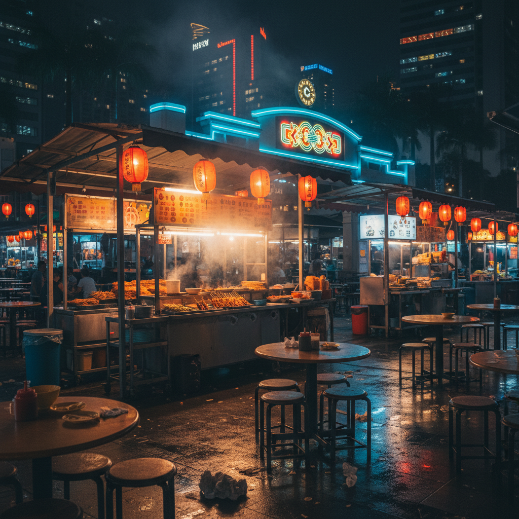 a vibrant street food scene at night in Singapore, food stalls with glowing lanterns, smoke rising from woks, and people - Best Hawker Centres in Singapore