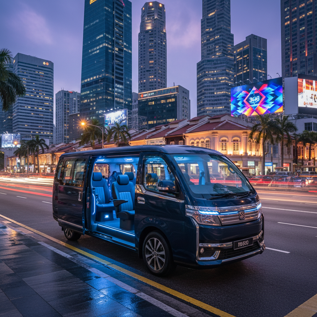 a sleek, modern 7-seater maxicab parked in front of a bustling street scene in Singapore, ready to transport passengers, - Best Hawker Centres in Singapore