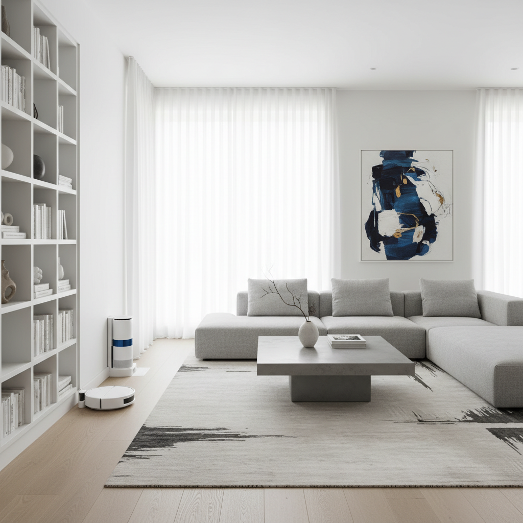 a clean, minimalist living room with neatly arranged furniture, a vacuum cleaner subtly placed in a corner, bathed in so