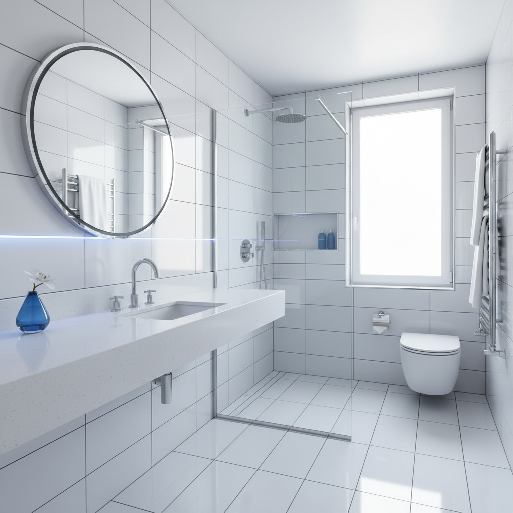 a pristine, gleaming bathroom with sparkling tiles and polished chrome fixtures, emphasizing deep cleanliness