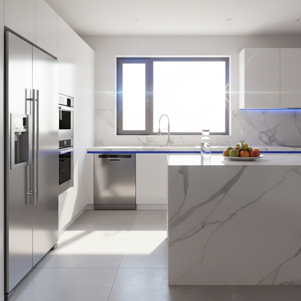 a sparkling kitchen area with clean appliances and marble countertops, light filtering through a freshly cleaned window 