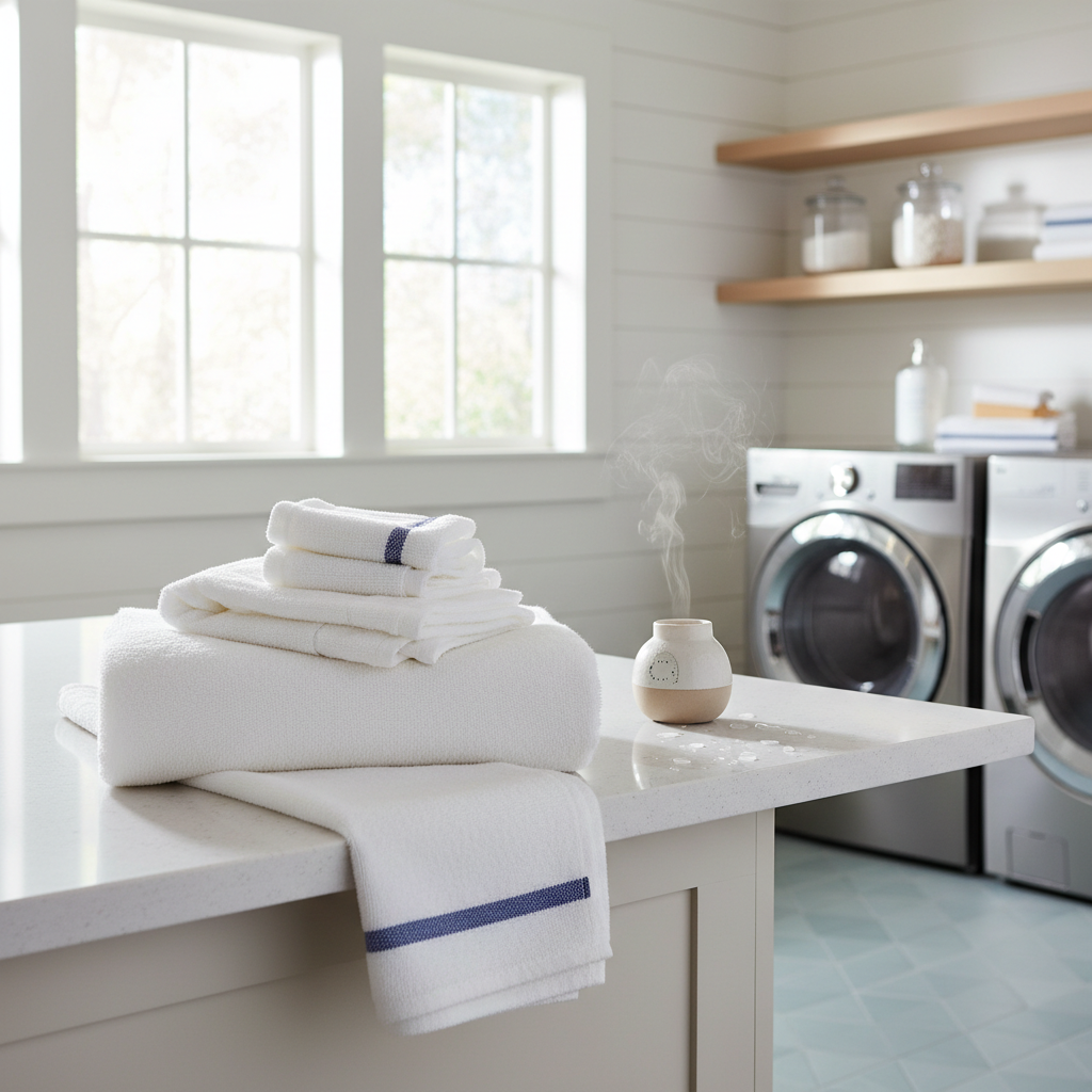a stack of freshly laundered towels on a counter in a bright, airy laundry room, featuring clean surfaces and a subtle s
