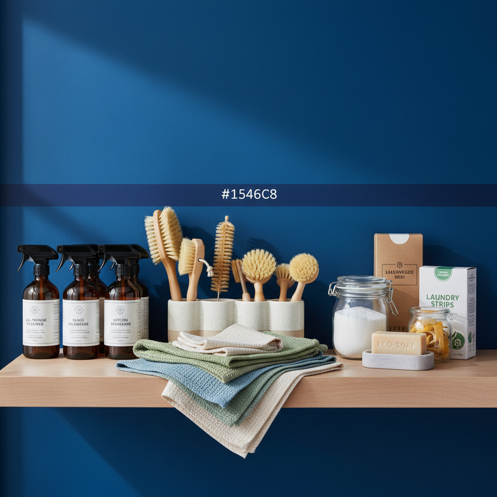 an array of eco-friendly cleaning products and tools neatly organized on a shelf, showcasing a professional approach to 