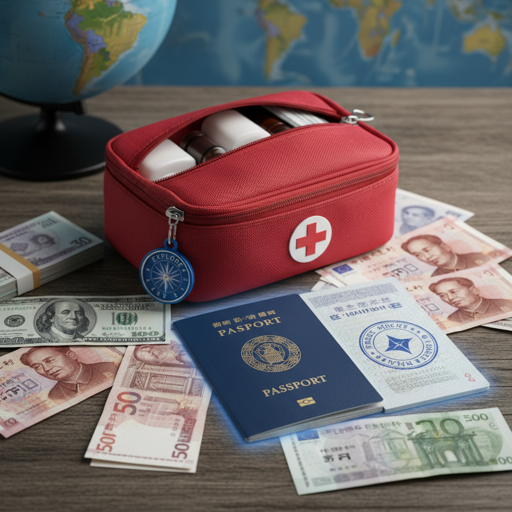 A passport open to a visa page, surrounded by currency of different nations and a small first aid kit, symbolizing inter - Business Travel Checklists