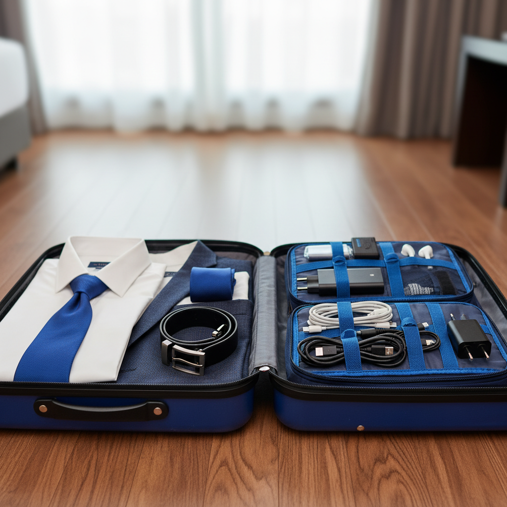A well-organized suitcase with neatly folded business attire on one side and a tech organizer with cables, chargers, and - Business Travel Checklists