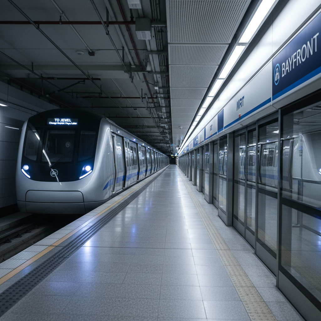 A modern, sleek MRT train approaching an underground station platform in Singapore, with clear signage and a clean envir - Business Travel Checklists