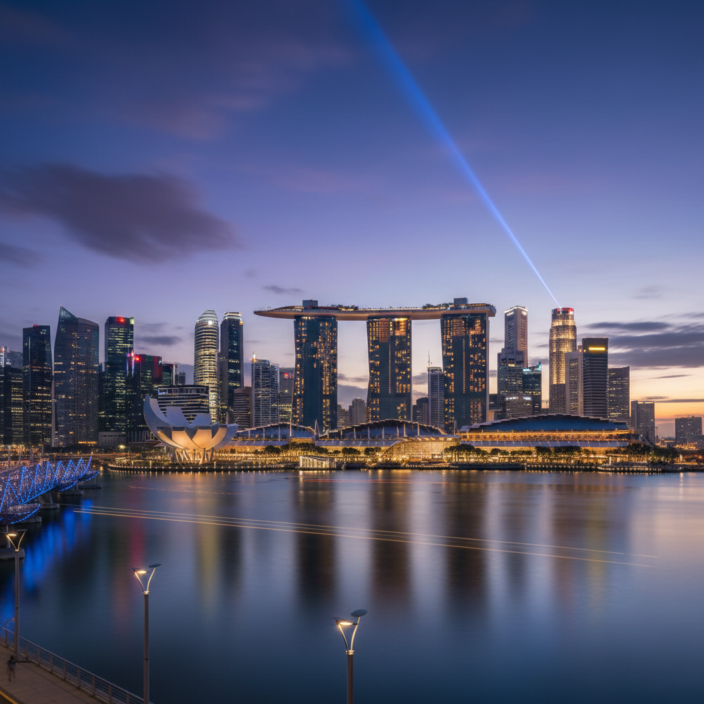 The iconic Singapore skyline at dusk, featuring prominent financial district buildings and the Marina Bay Sands, symboli - Business Travel Checklists