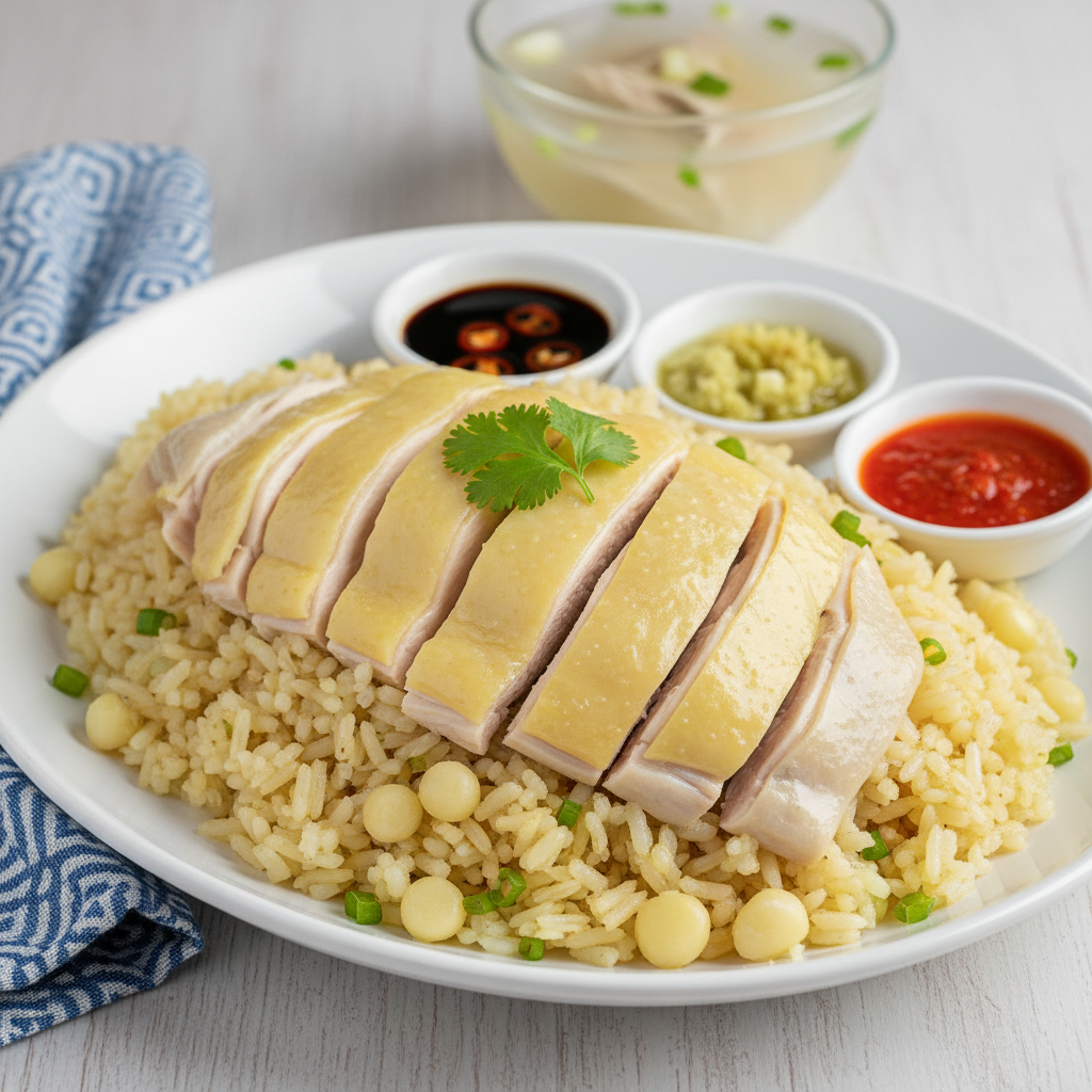 close-up of a plate of Hainanese Chicken Rice with condiments, focus on the perfectly cooked chicken and fragrant rice - Singapore food tours