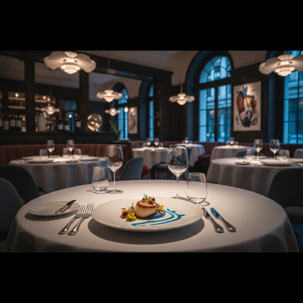 an elegant, dimly lit fine dining restaurant interior with white tablecloths and artistic food presentation on a plate - Singapore food tours