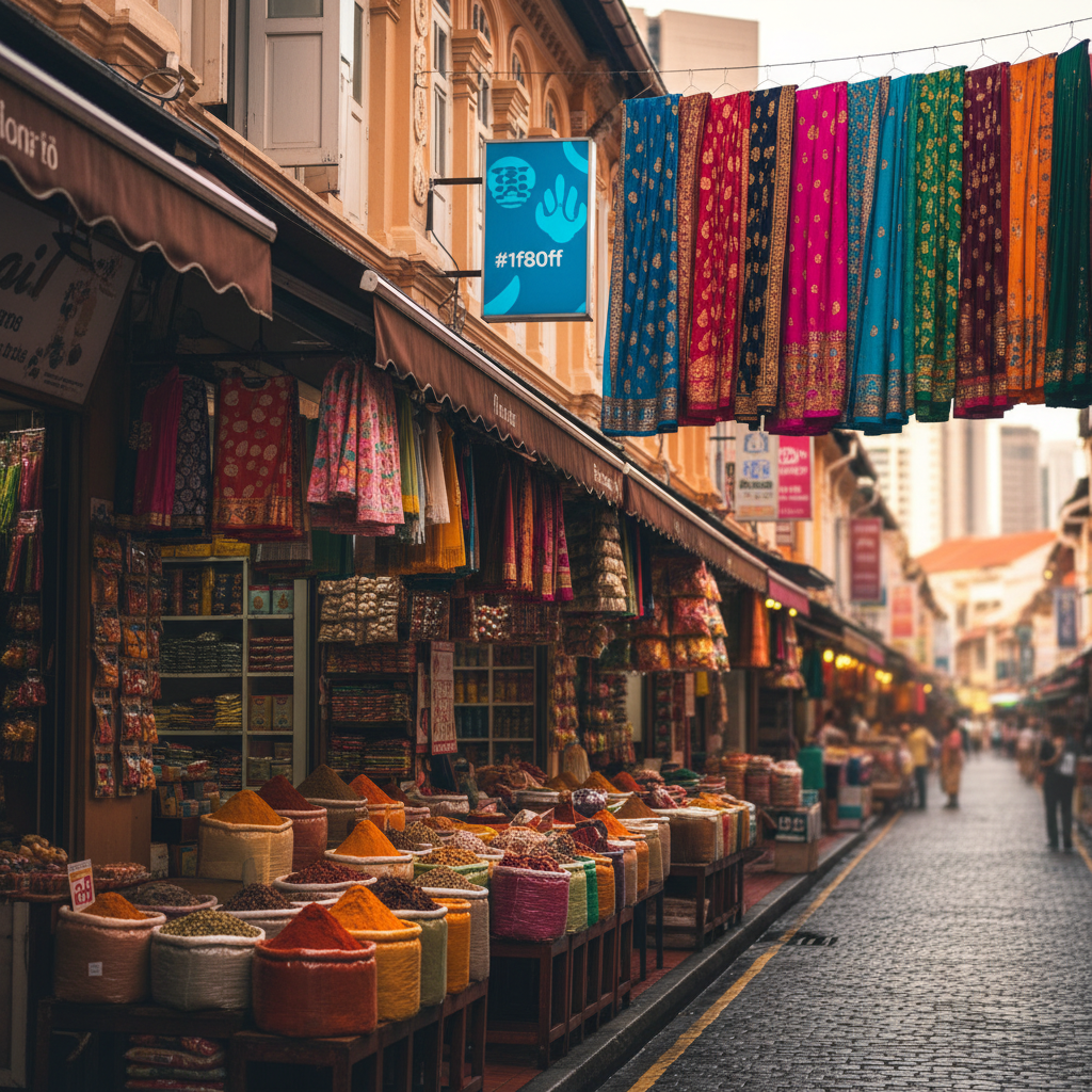 a vibrant street scene in Little India, Singapore, with spice shops and colourful textiles, blurred background - Singapore food tours