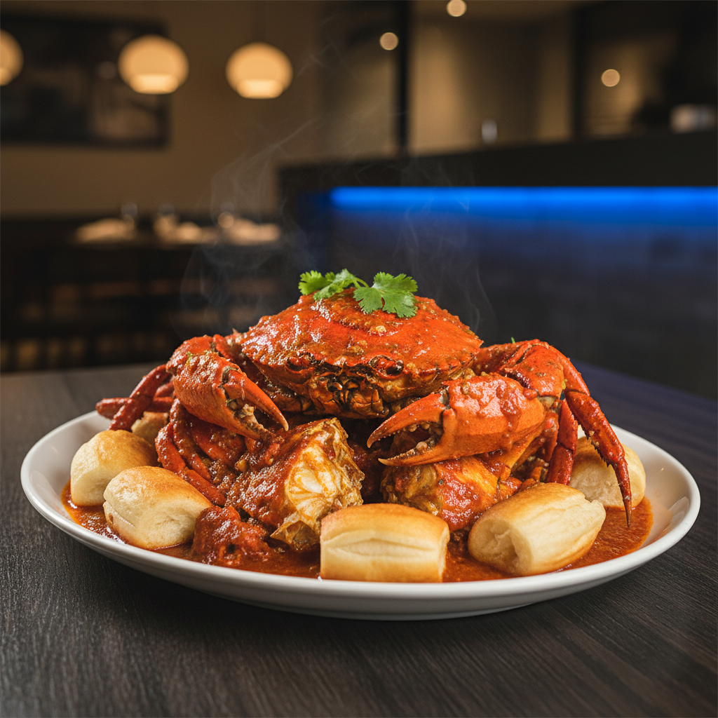 a steaming plate of Singaporean Chili Crab with fried mantou buns, visible crab claws and rich red sauce - Singapore food tours