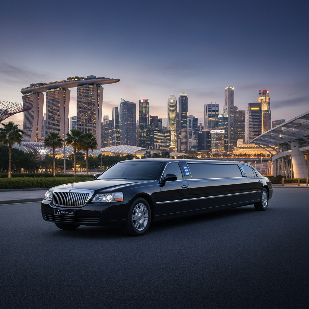 a sleek, modern luxury vehicle, possibly a maxicab or limousine, parked on a clean street with Singapore's city skyline - Singapore food tours