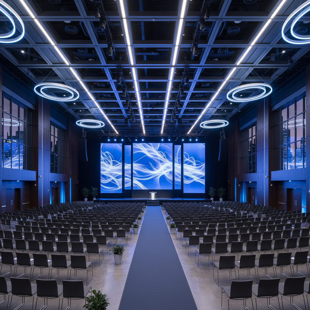 an indoor view of a grand, modern convention hall set up for a corporate conference, rows of chairs facing a large stage - corporate event venues Singapore