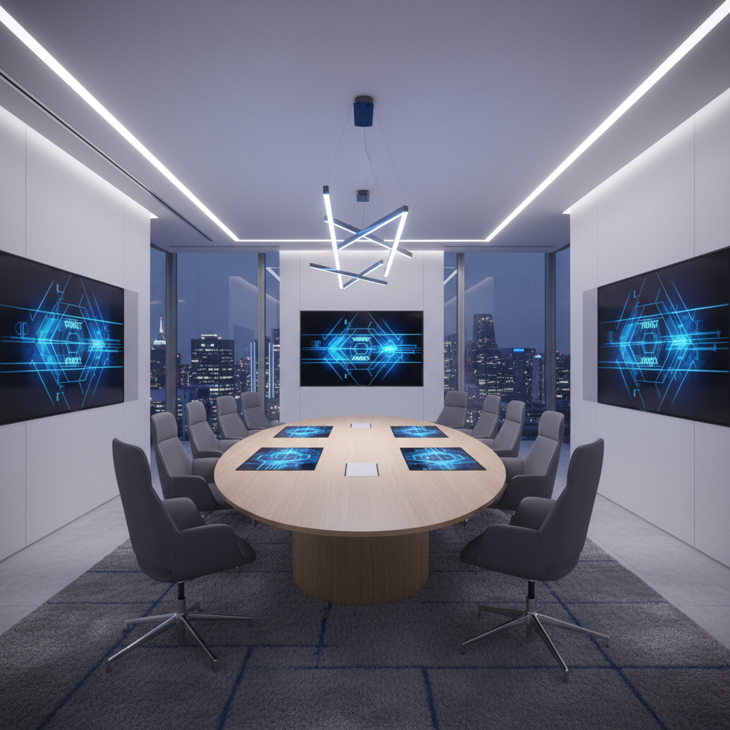 a minimalist, modern conference room with a large oval table, comfortable executive chairs, and integrated screens, read - corporate event venues Singapore