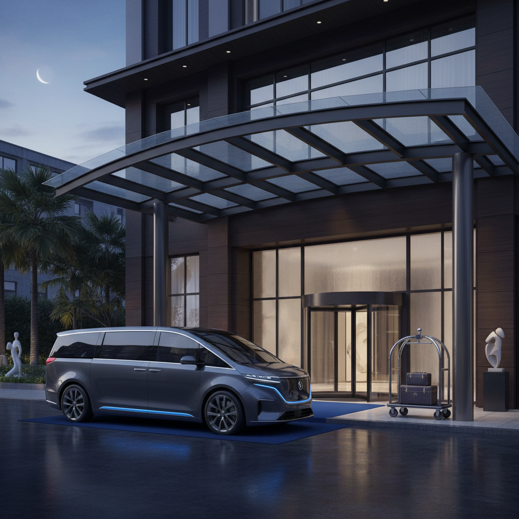 a sleek, modern minivan with tinted windows parked outside a luxury hotel entrance, suggesting VIP transport - corporate event venues Singapore