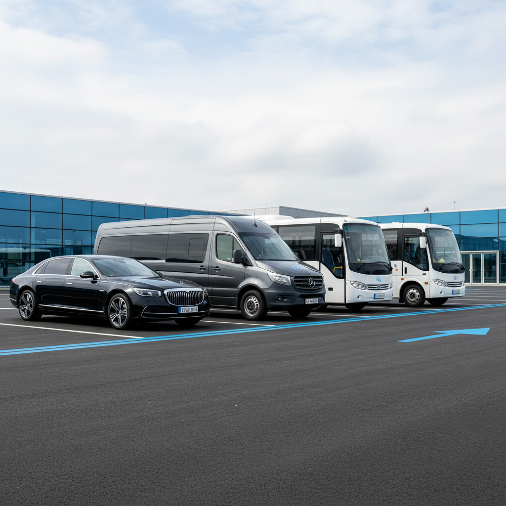 a fleet of various modern vehicles, including a luxury sedan, a maxi van, and a minibus, lined up professionally on a cl - corporate event venues Singapore