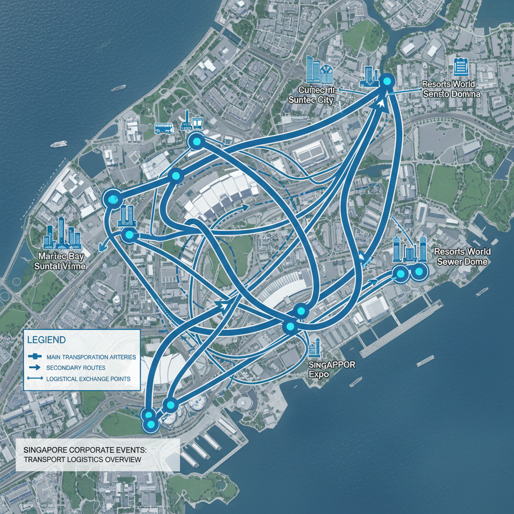 a detailed, top-down map of Singapore with arrows indicating various routes between prominent corporate event venues, il - corporate event venues Singapore