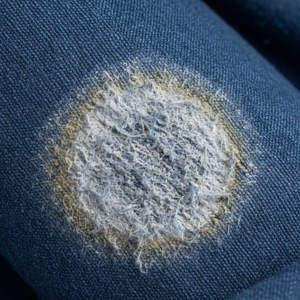 a close-up detailed shot of a fabric swatch showing a harsh, discolored area where an amateur attempted to scrub out a s