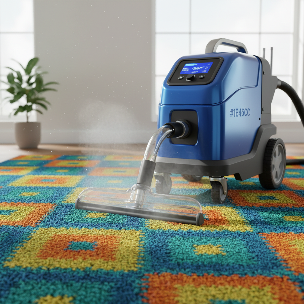 a modern, high-powered hot water extraction machine being operated by a cleaning professional on a brightly colored, int