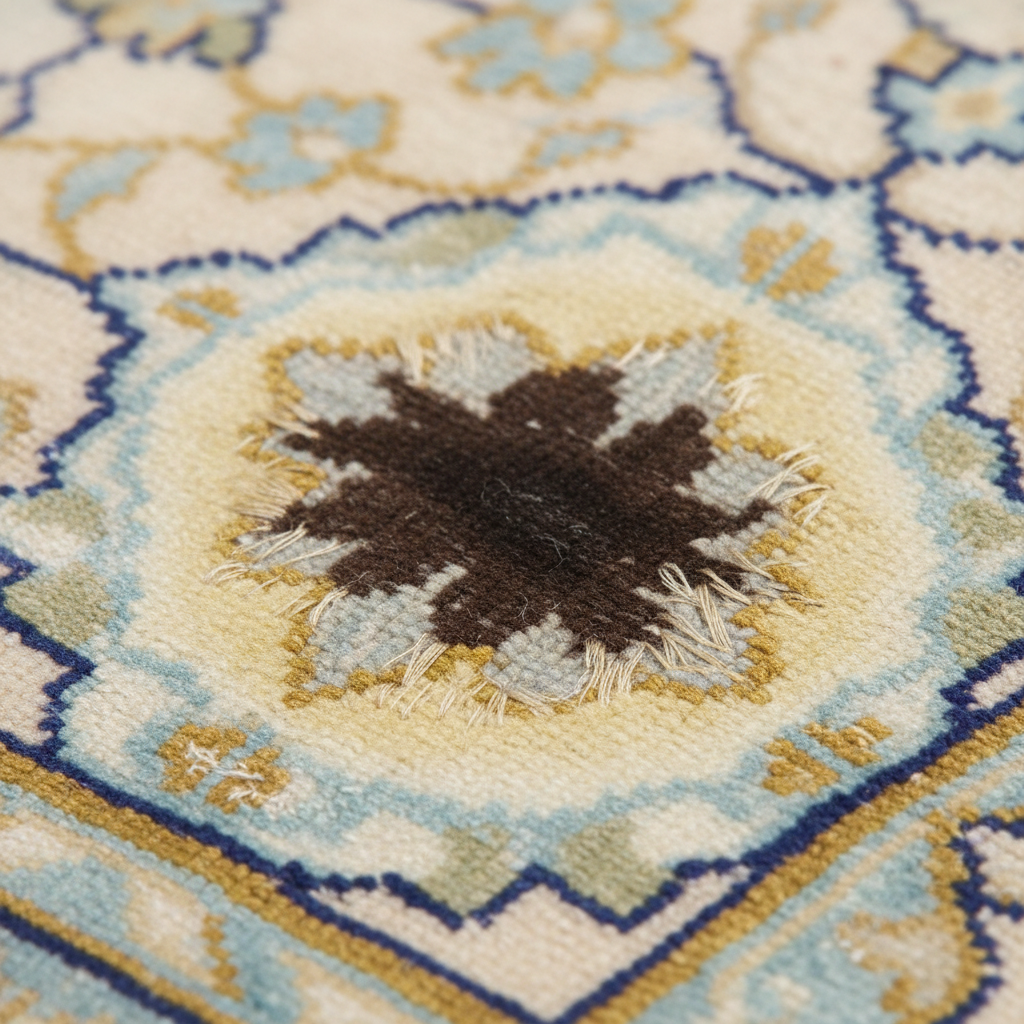 a close-up photo of a delicate silk rug with a clearly visible, old unidentifiable dark stain that has a halo effect fro