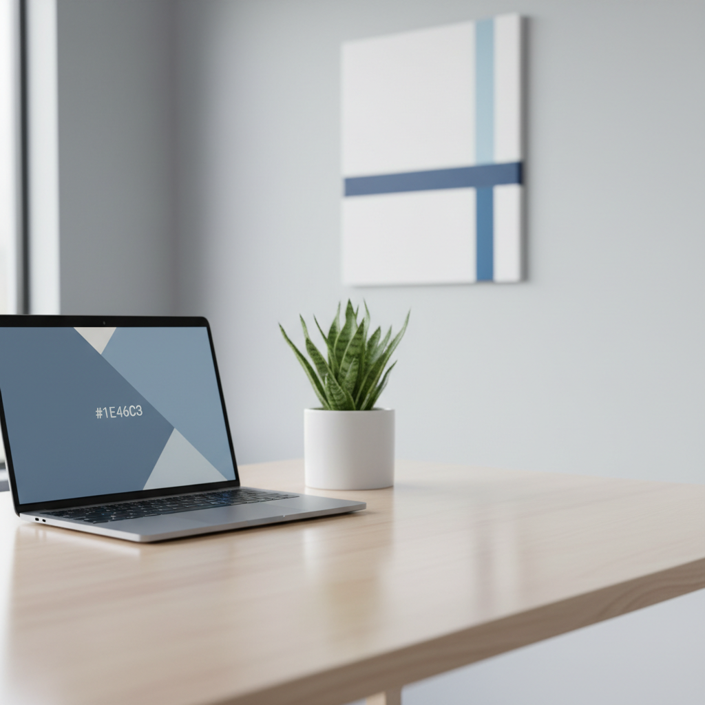 a clean, minimalist office desk with a laptop, potted plant, and a barely visible streak-free desktop, no people