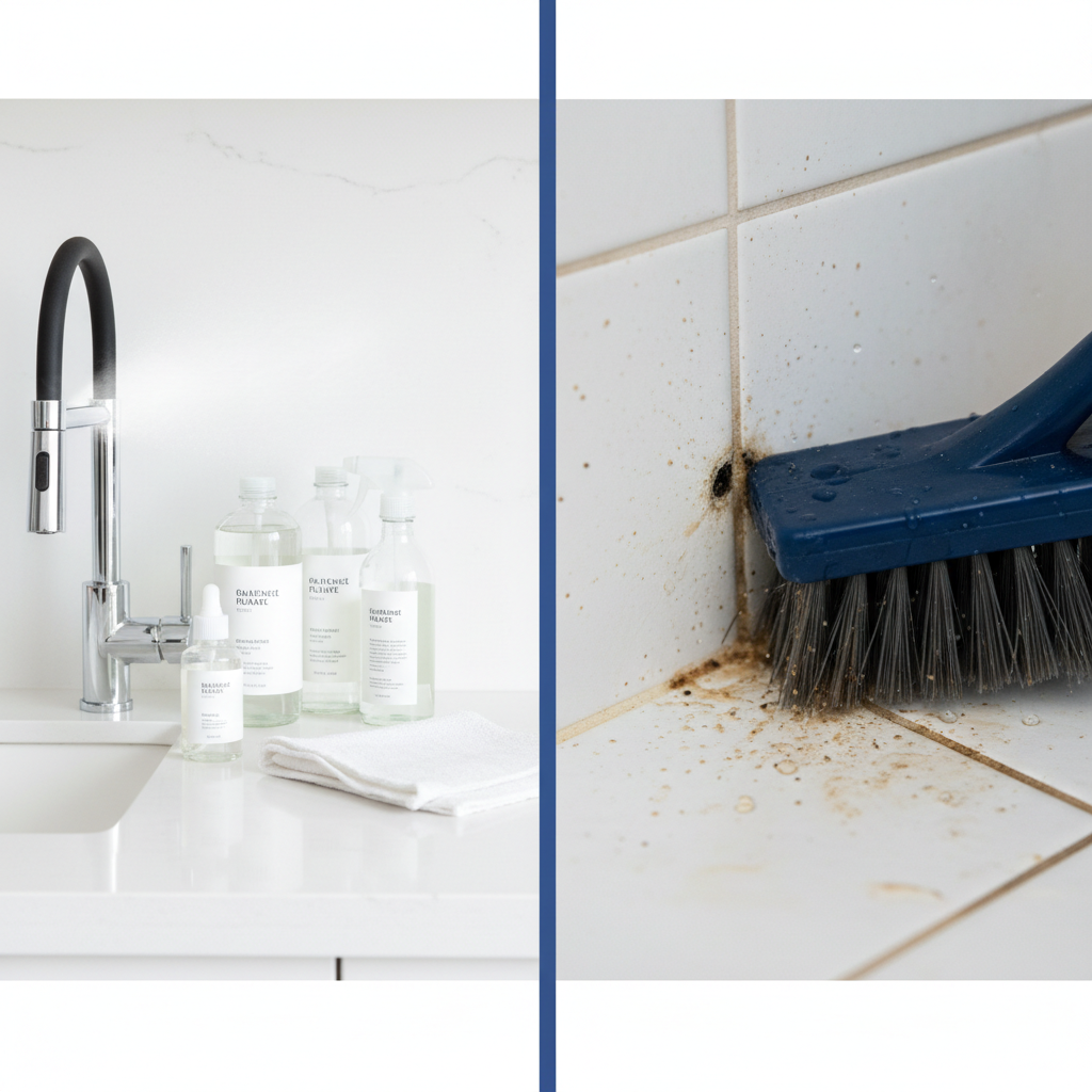 a split image: one side showing a sparkling clean kitchen surface (general cleaning) and the other side showing a detail