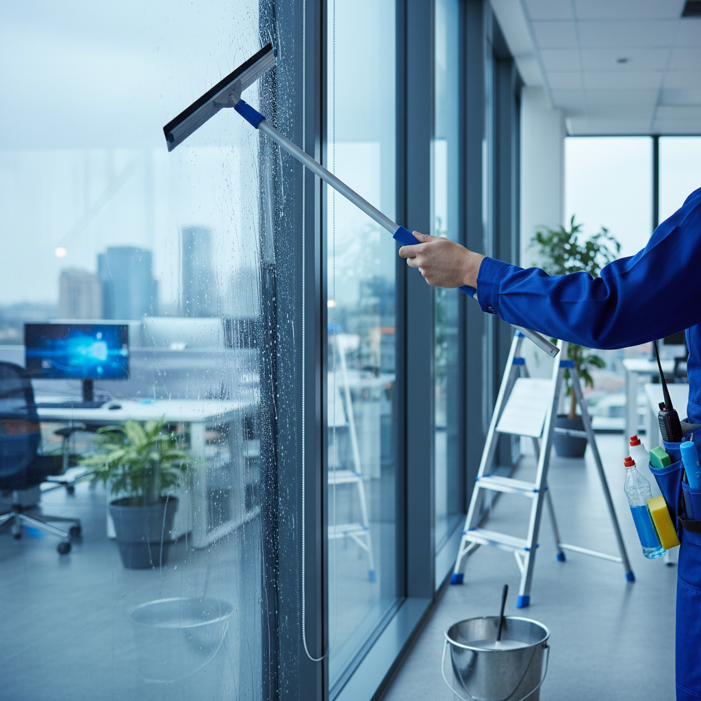 a professional cleaning crew member carefully wiping down a large glass surface in a modern office, wearing a uniform, b