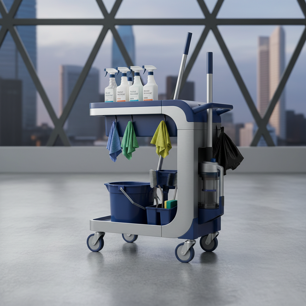 A modern cleaning cart with professional cleaning supplies like spray bottles, microfibre cloths, and a vacuum cleaner,