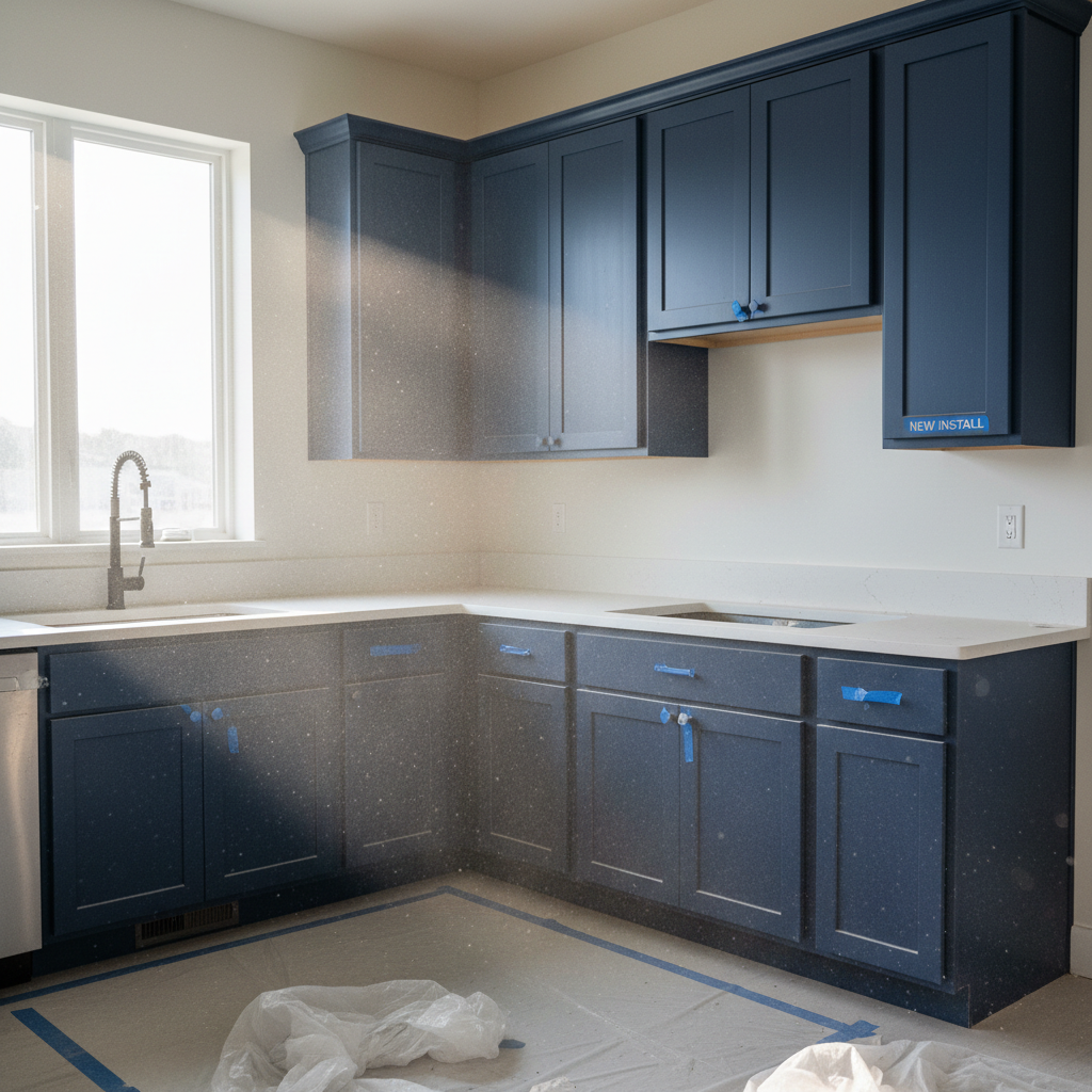 a fine layer of dust covering newly installed kitchen countertops and cabinets, with sunlight highlighting the particles