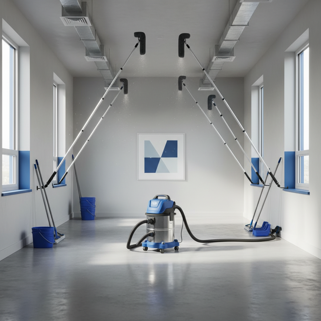 a professional cleaning crew using specialized equipment like a HEPA vacuum and long duster in a newly renovated, empty 