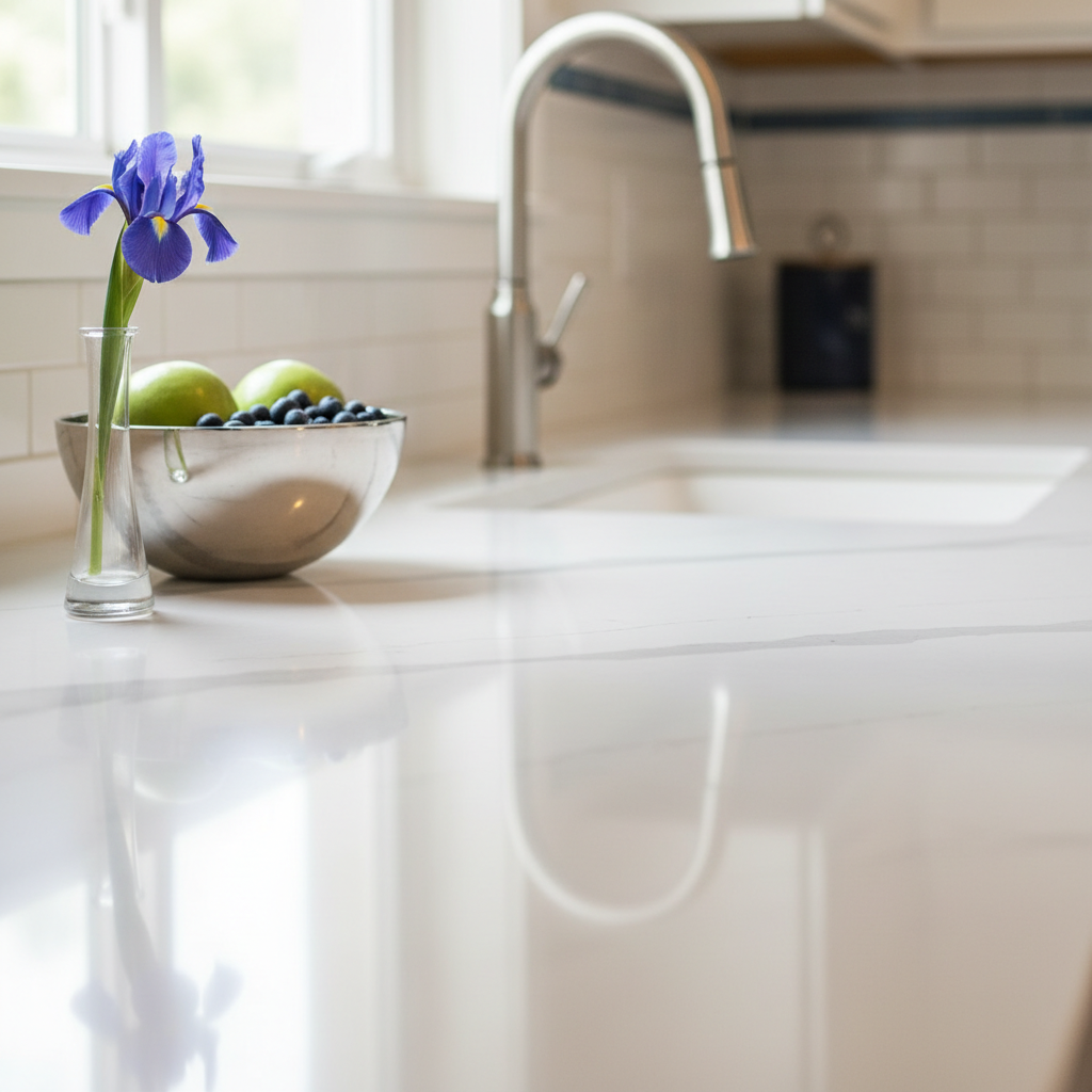a close-up of a gleaming, freshly cleaned kitchen countertop with no dust or smudges, reflecting light