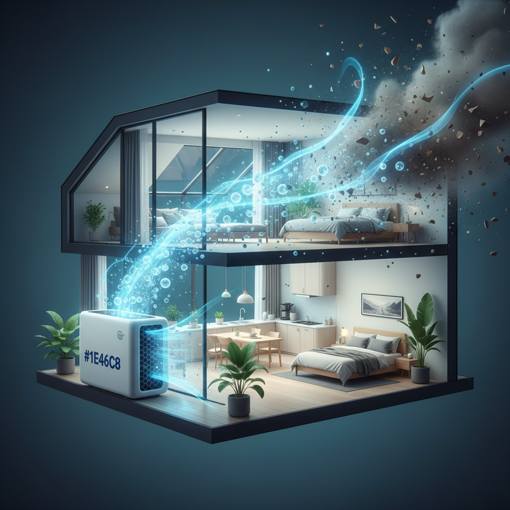a stylized illustration of clean air particles flowing into a healthy home, with dust particles being filtered out